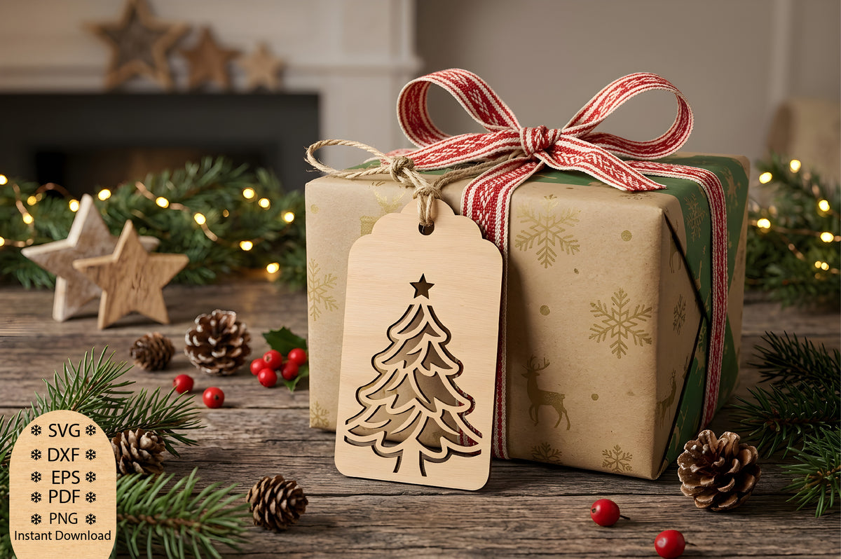 Christmas Tree Gift Tag Laser Cut SVG, Christmas Tree Gift Tag Cut File, Holiday Gift Tag SVG, Tree Gift Tag Design