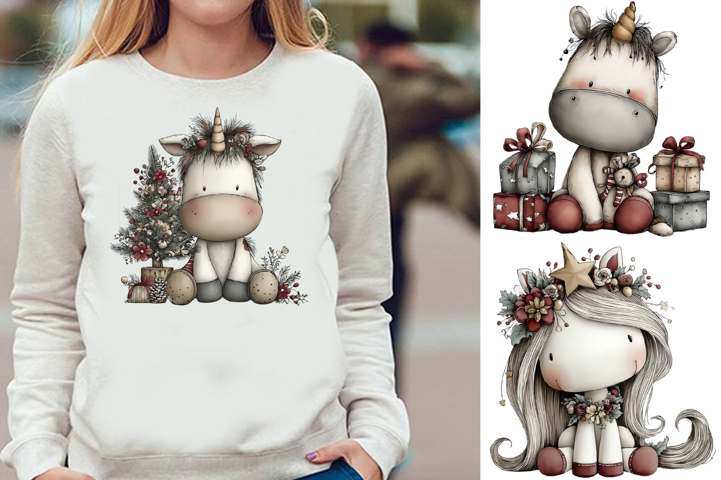 Christmas Unicorn Watercolor Clipart PNG Bundle