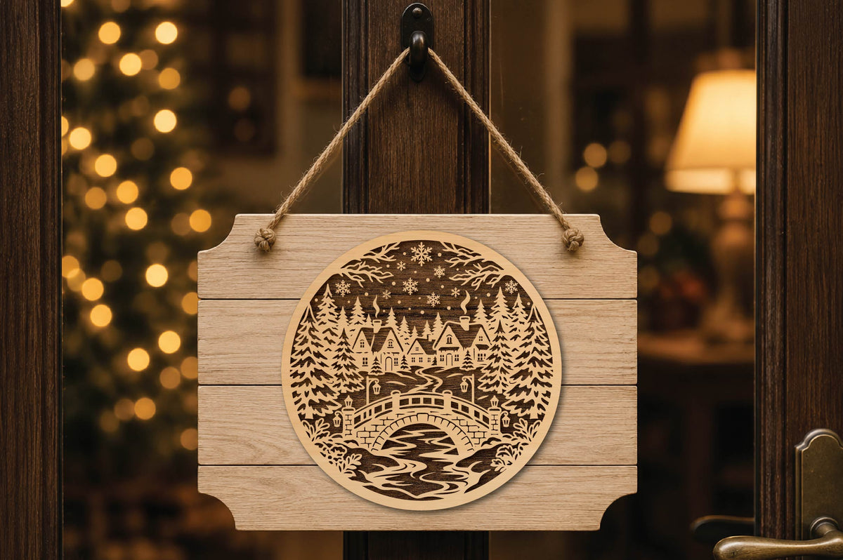 Christmas Village Bridge Laser Cut SVG, Winter Village Christmas Ornament Cut File, Rustic Holiday SVG