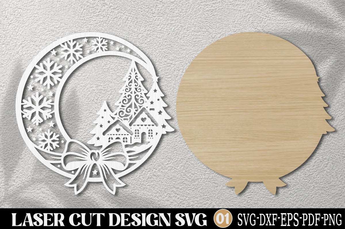 Christmas Village Wreath SVG Laser Cut | Winter Christmas Ornament Design