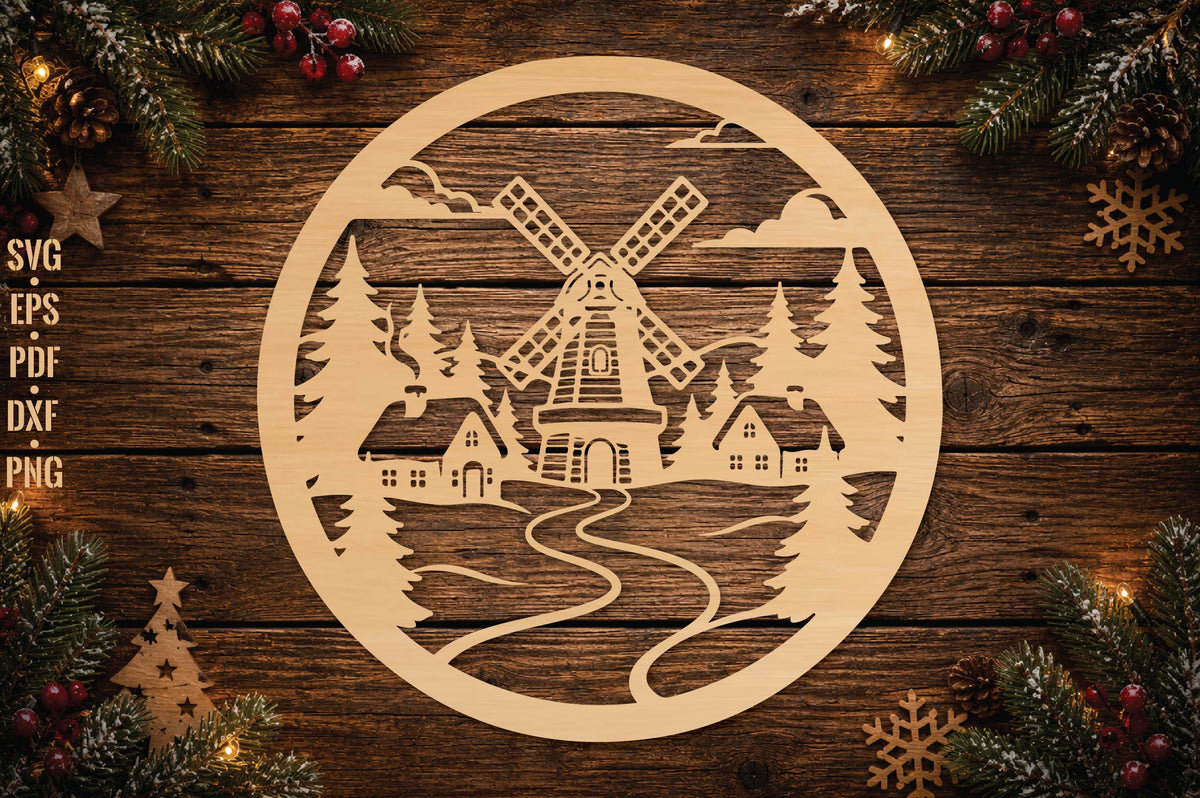 Christmas Windmill Village Laser Cut SVG, Winter Village Ornament Cut File, Holiday Decor