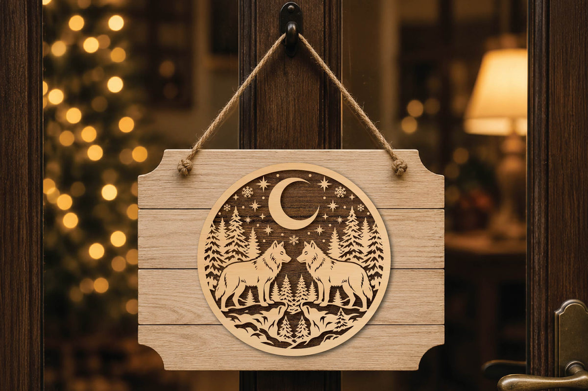 Christmas Wolf Couple Laser Cut SVG, Wolf Love Ornament Cut File, Winter Forest Wildlife Design