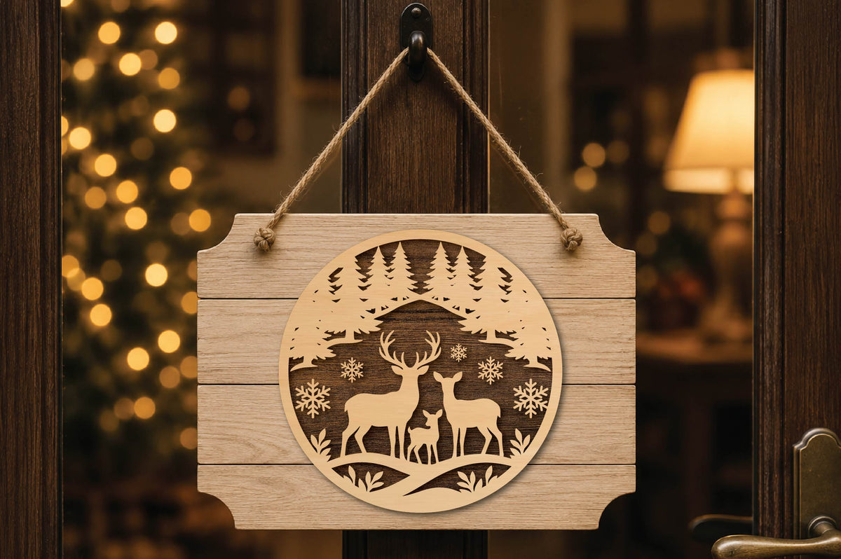 Christmas Woodland Deer Family Laser Cut SVG, Reindeer Family Ornament Cut File