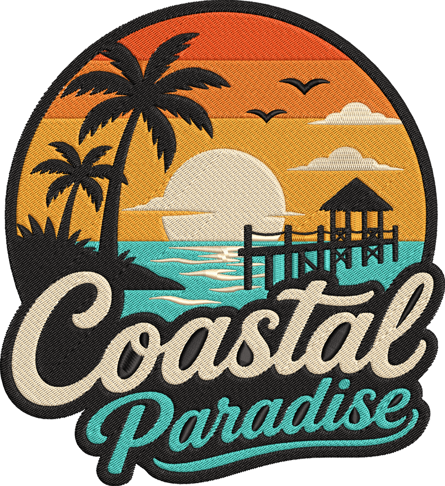 Coastal Paradise Embroidery Design, Tropical Beach Sunset Machine Embroidery Pattern, Palm Trees Ocean Waves Pier and Coastal Paradise Embroidery Design