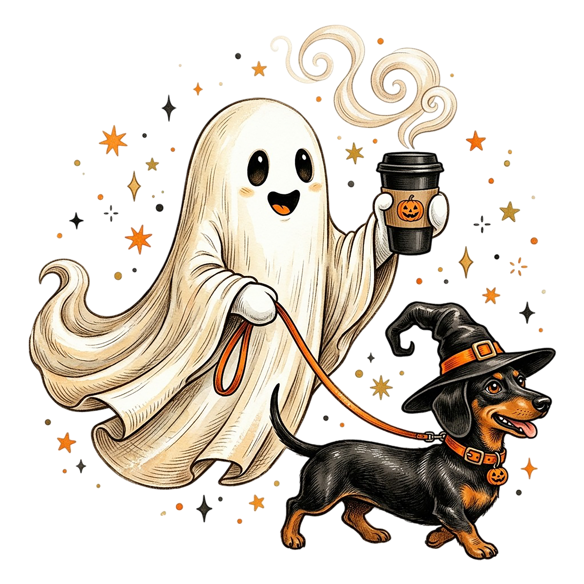 Coffee Ghost Dachshund Halloween PNG