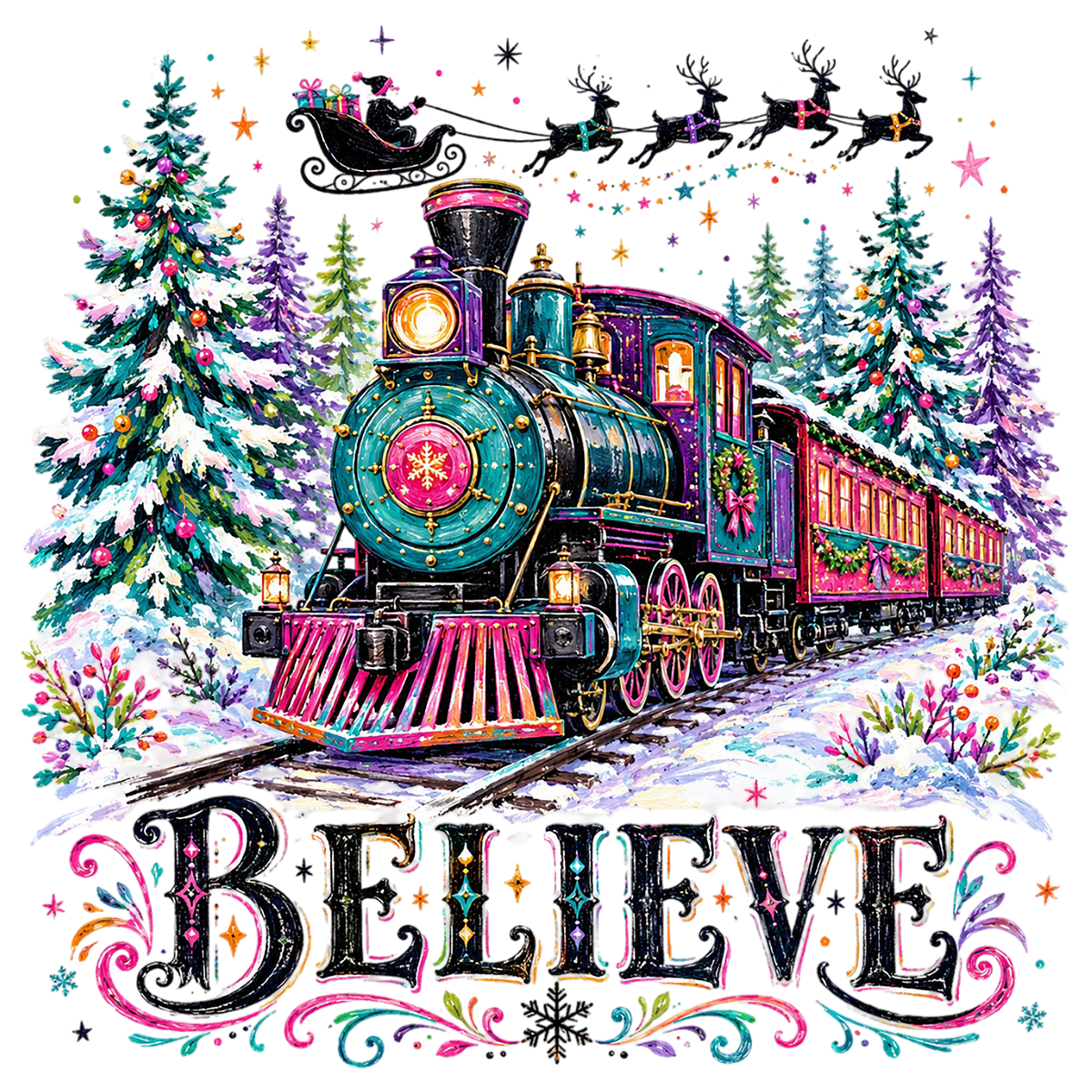 Colorful Christmas Believe Train PNG