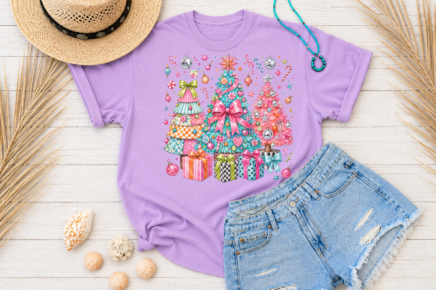 Colorful Christmas Trees PNG Pink Teal Holiday Tree Retro Christmas Sublimation Design