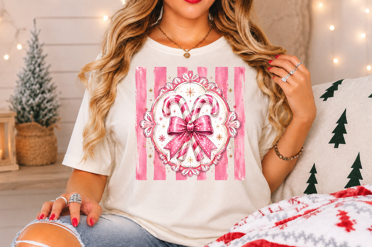 Coquette Pink Christmas Candy Cane PNG Bow Holiday Sublimation Design