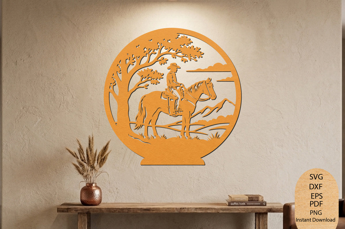 Cowboy Horse Laser Cut SVG, Western Cowboy Riding Horse Wood Cut File