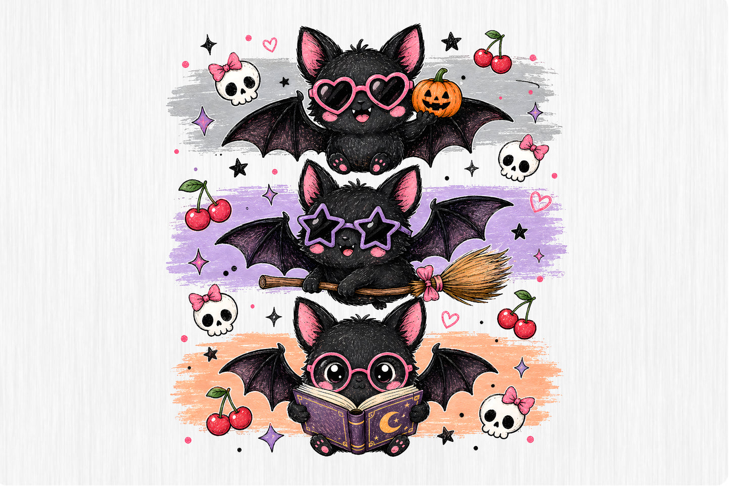 Cute Bat Halloween PNG Spooky Bats Cherry Skull Witch Sublimation Design