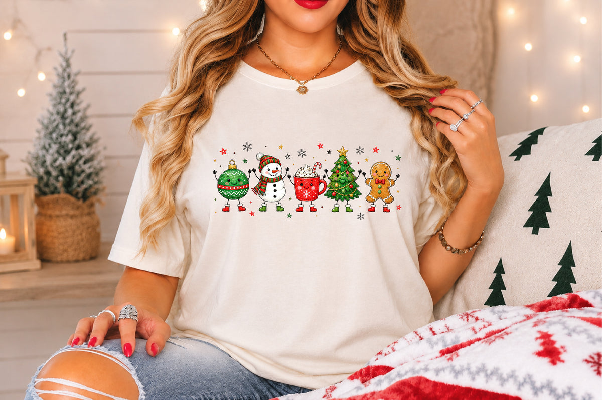 Cute Christmas Characters Doodle PNG Ornament Snowman Cocoa Tree Gingerbread Sublimation