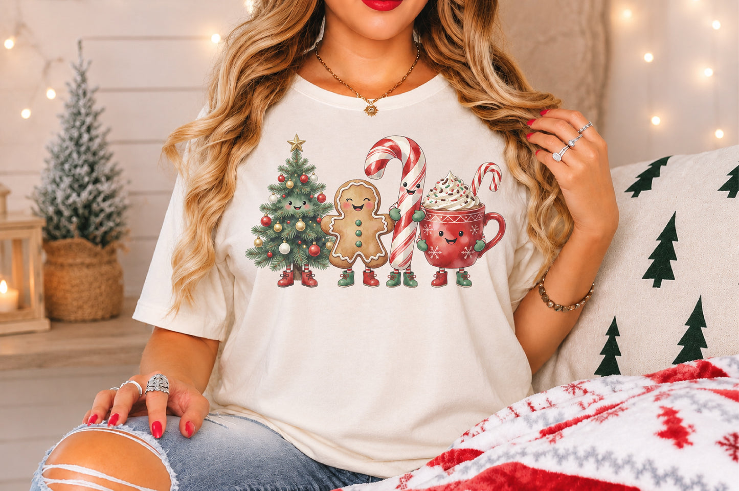 Cute Christmas Characters PNG Tree Gingerbread Candy Cane Hot Cocoa Sublimation
