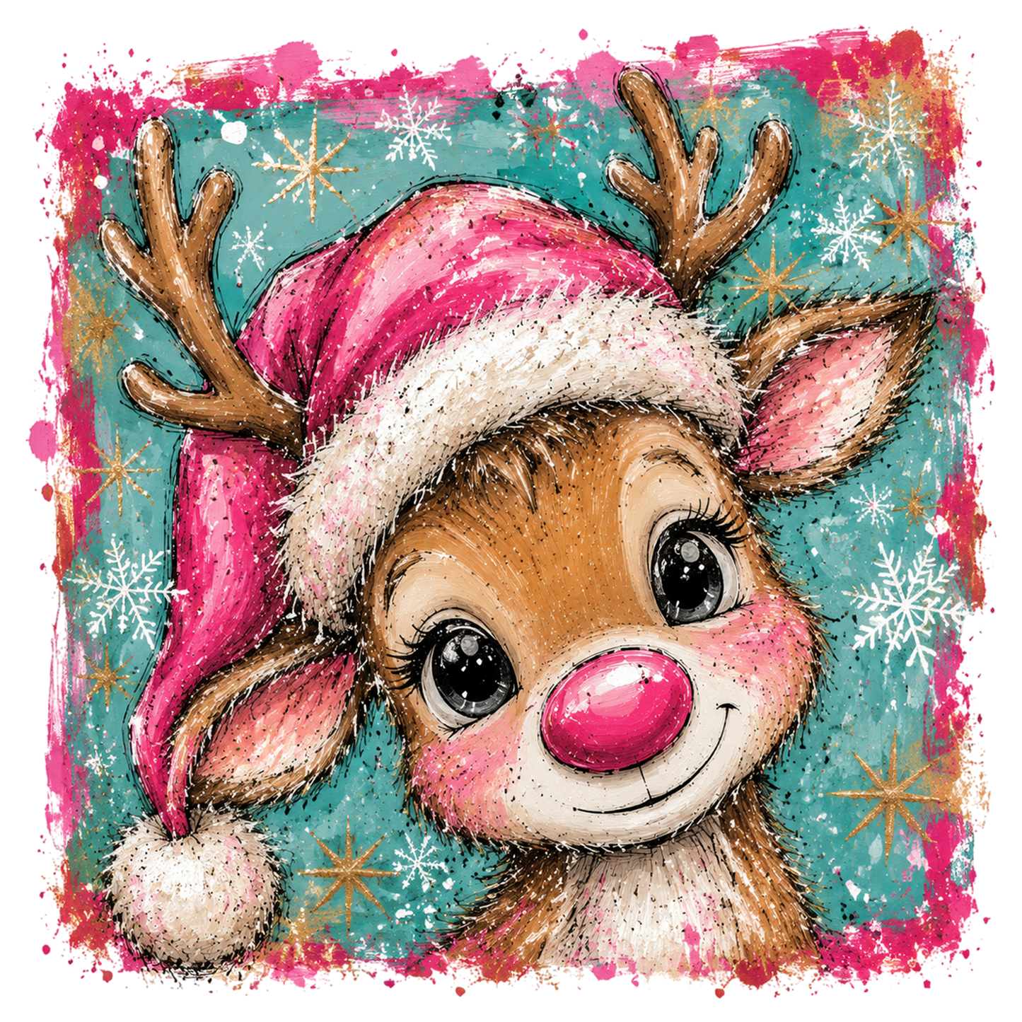 Cute Christmas Reindeer Girl Pink Santa Hat Christmas PNG