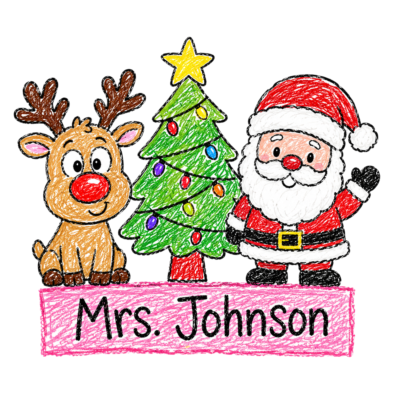 Christmas Teacher Custom Name PNG | Santa Reindeer Christmas Tree
