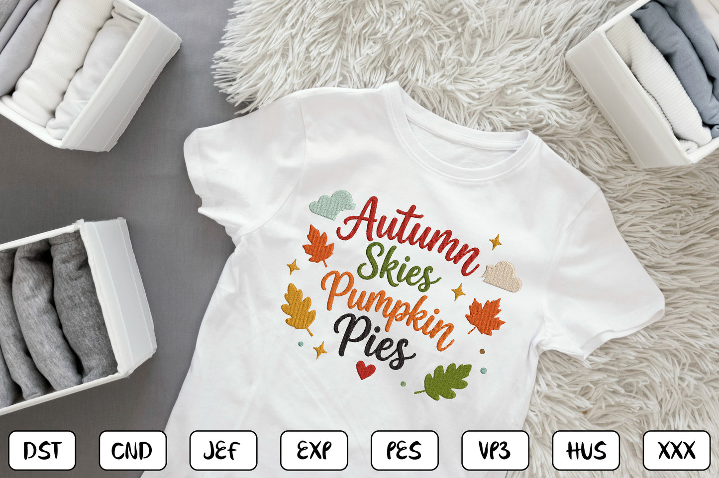 Cute Fall Pumpkin Embroidery Design, Autumn Skies Pumpkin Pies Machine Embroidery Pattern, Colorful Fall Leaves Embroidery Design