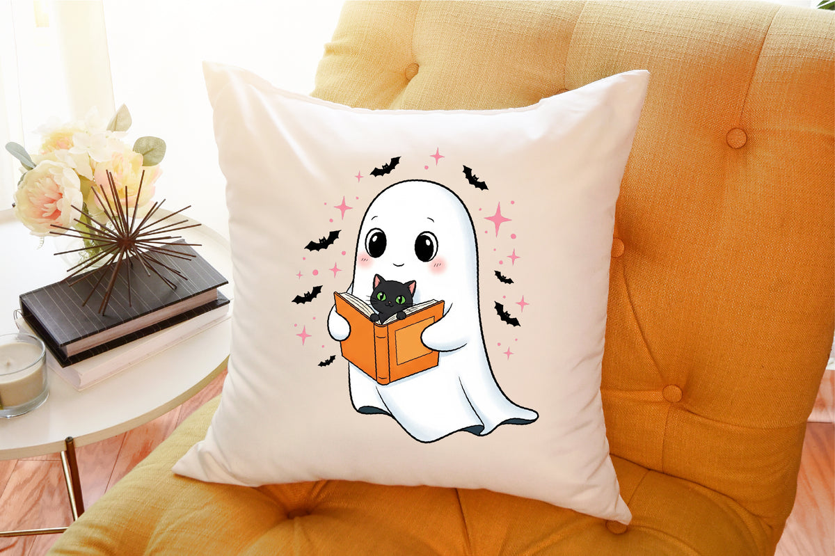 Cute Halloween Ghost Reading Book Black Cat PNG