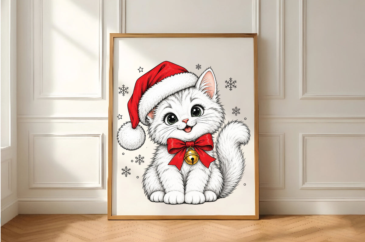 Cute White Cat Santa Christmas PNG