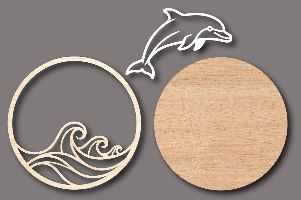 Dolphin Round Wall Decor Laser Cut SVG, Ocean Wave Sea Life Design