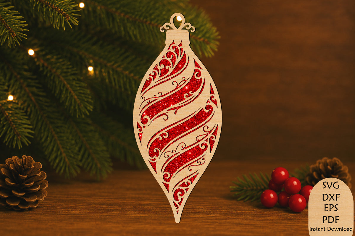 Elegant Teardrop Christmas Ornament Laser Cut SVG Scrollwork Design