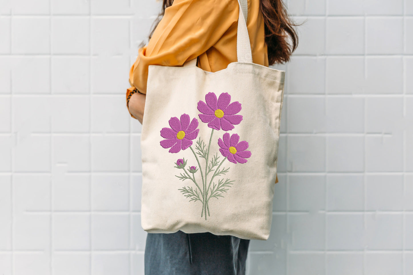 Purple Cosmos Flowers Embroidery Design – Beautiful Cosmos Floral Machine Embroidery Pattern, Elegant Purple Flower Embroidery Design