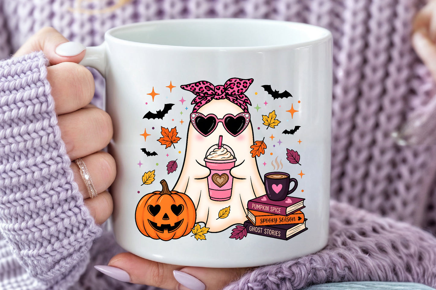 Fall Ghost PNG Girly Halloween Pumpkin Spice Spooky Season Sublimation Design