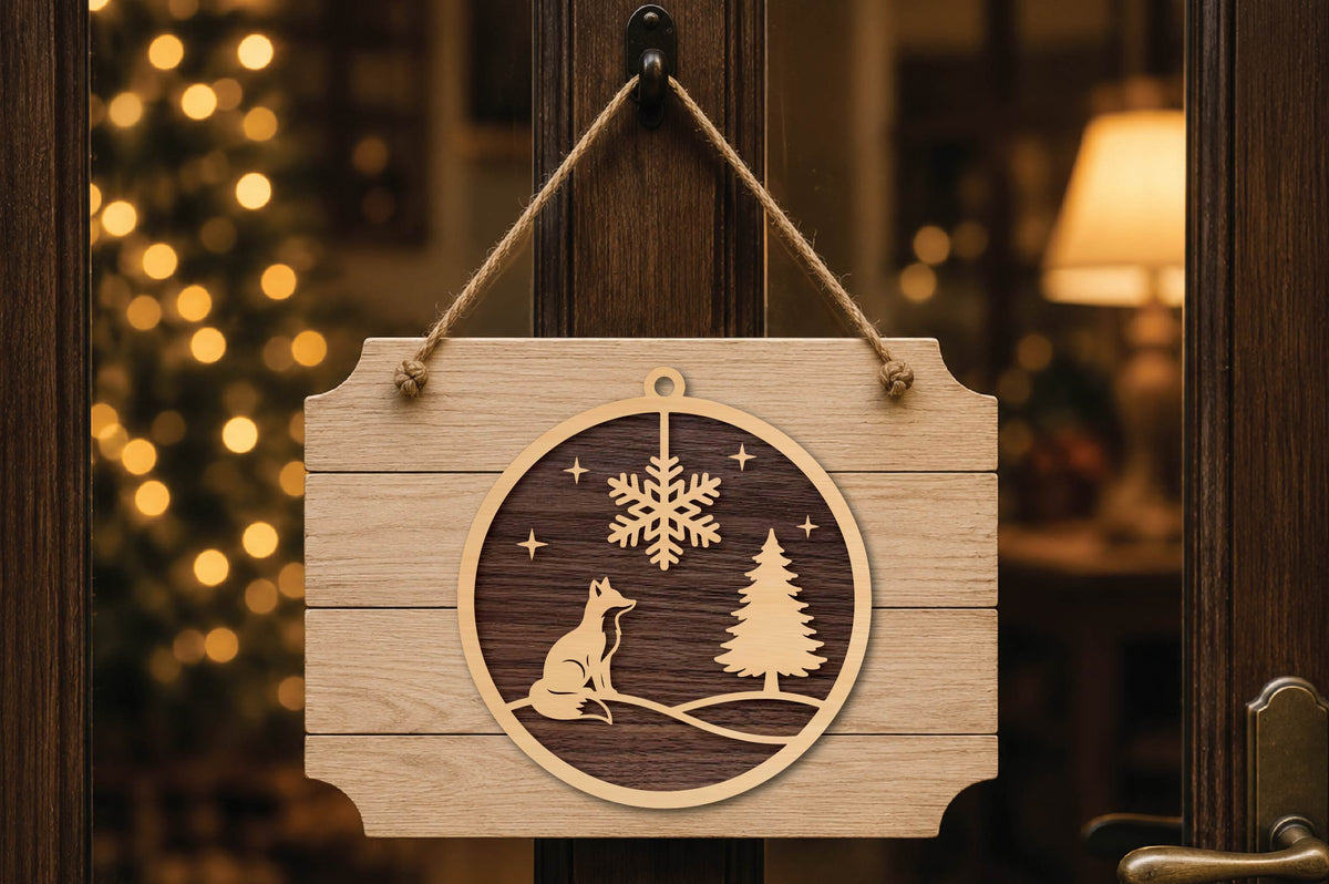 Fox Christmas Ornament Laser Cut SVG, Winter Fox Snowflake Ornament Cut File