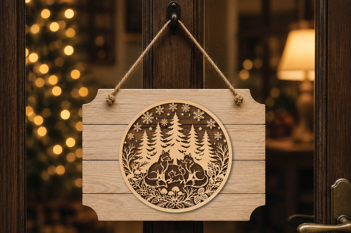 Fox Family Christmas Laser Cut SVG, Woodland Fox Christmas Ornament Cut File, Winter Forest Decor