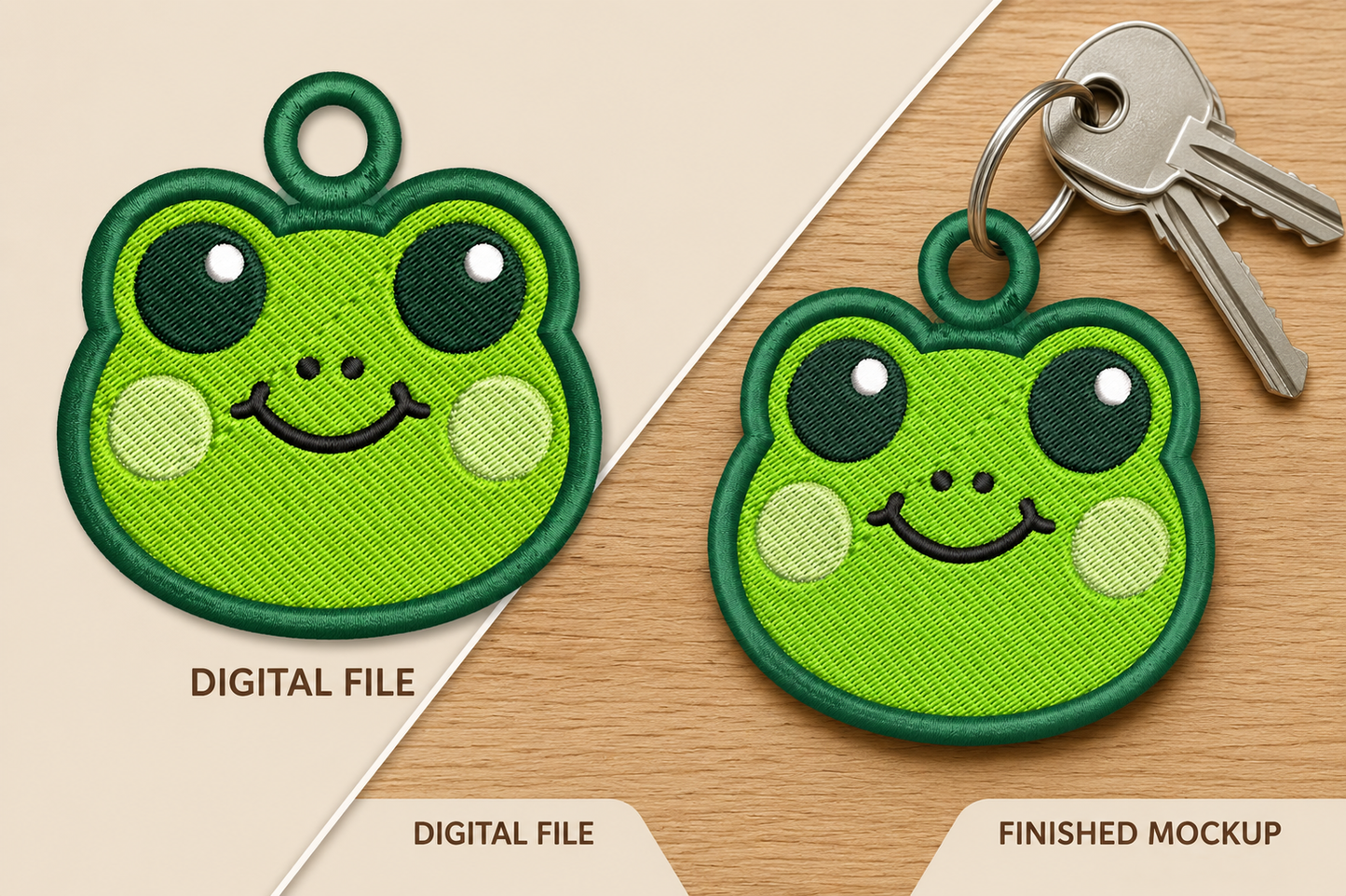 Cute Frog Keychain Embroidery Design – Adorable Frog Machine Embroidery Pattern, Frog Key Fob & Bag Charm Embroidery Design
