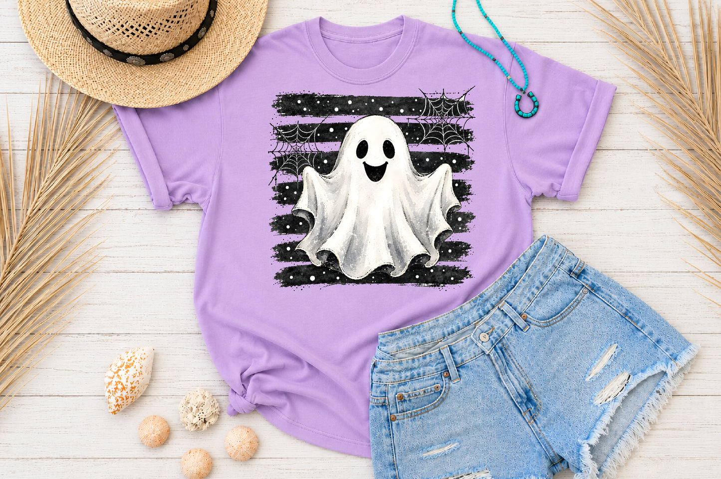 Cute Ghost Halloween PNG Spooky Ghost Spider Web Sublimation Design