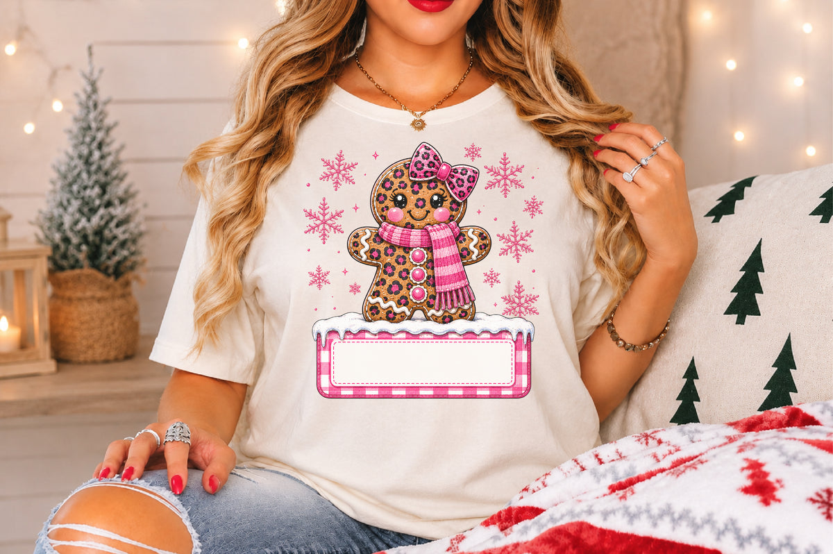 Gingerbread Girl Christmas Custom Name PNG Leopard Pink Bow Winter Sublimation