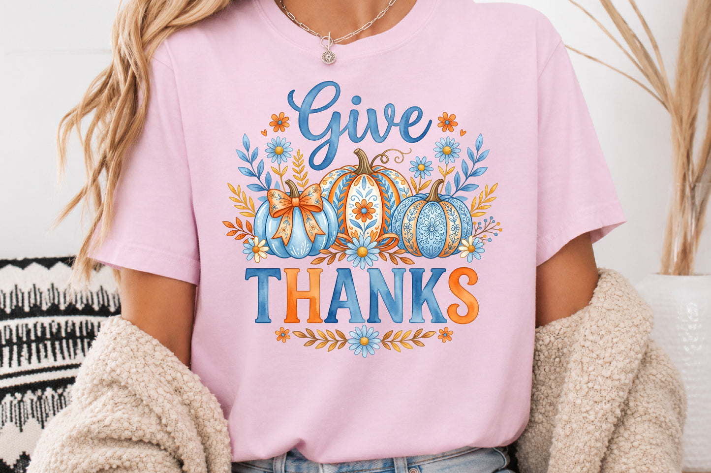 Give Thanks PNG Blue Floral Pumpkin Thanksgiving Sublimation Design