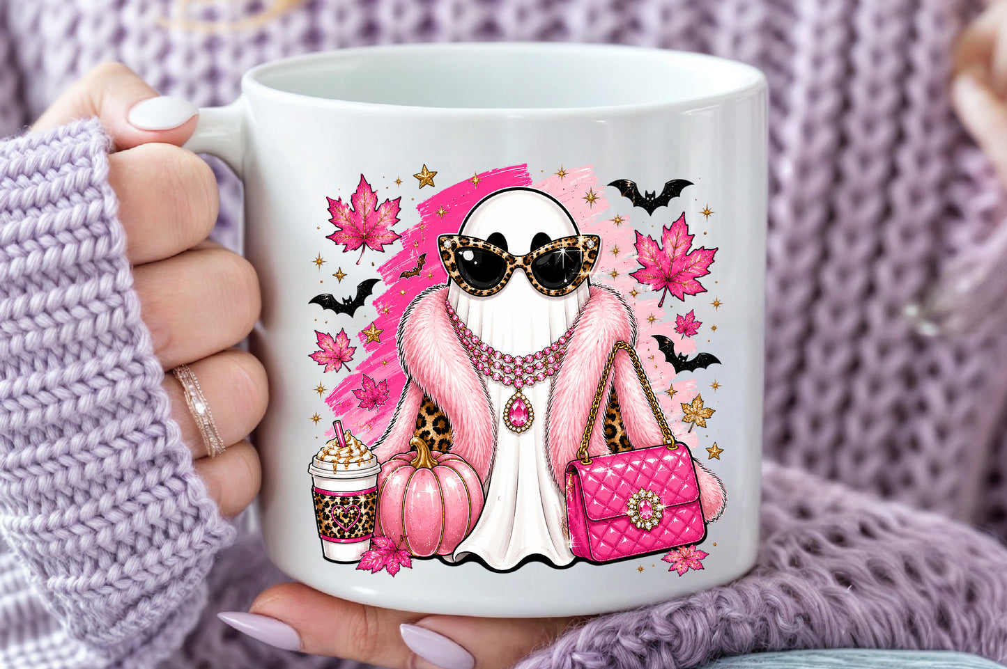 Glam Pink Ghost PNG Leopard Halloween Spooky Sublimation Design