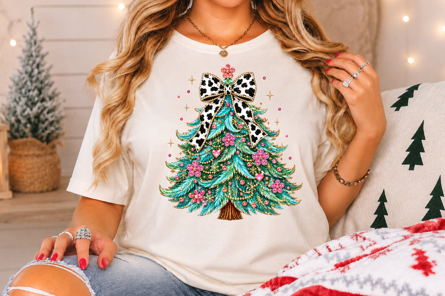 Glamorous Christmas Tree PNG, Cow Print Bow Holiday Sublimation Design