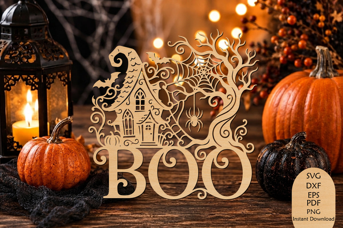 Halloween BOO Haunted House Laser Cut SVG, Spooky Halloween Sign & Ghostly Decor