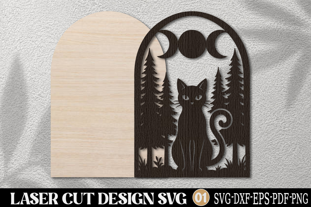 Halloween Black Cat Forest Laser Cut SVG | Moon Phase Spooky Cat Design
