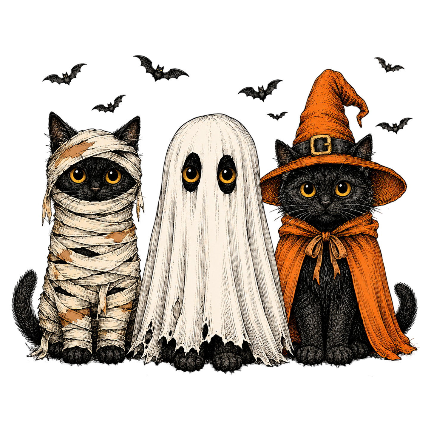 Halloween Black Cat PNG | Spooky Black Cats Ghost Witch Costume Pumpkin Bat Clipart | Cute Halloween Sublimation Design