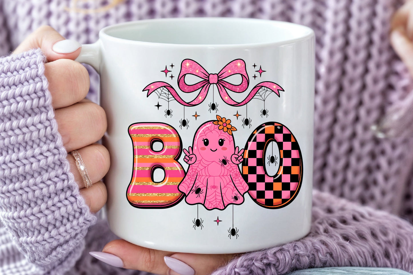 Cute Pink Halloween Boo Ghost PNG Spooky Bow Spider Sublimation Design