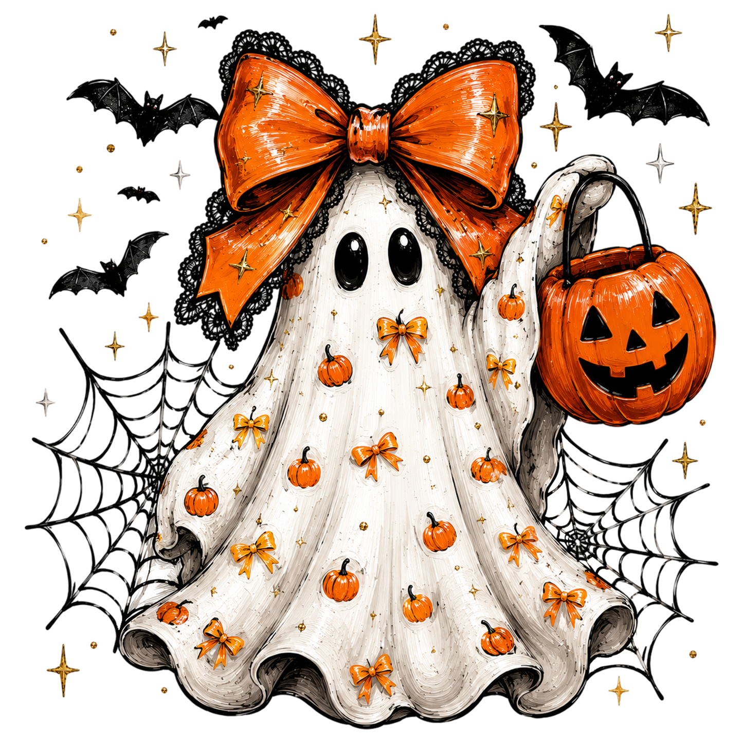 Halloween Bow Ghost PNG | Cute Pumpkin Ghost Orange Bow Spider Web Bat Clipart | Spooky Sublimation Design