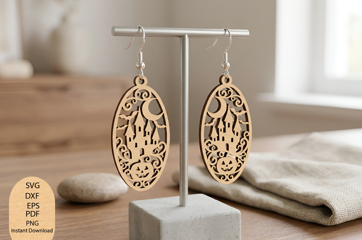 Halloween Castle Moon Earrings Laser Cut SVG, Haunted Castle Earrings Cut File, Halloween Moon Jewelry SVG