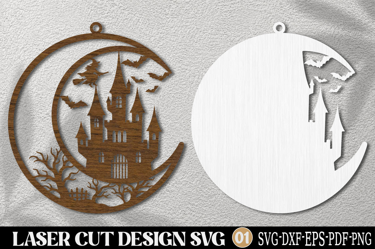 Halloween Castle Moon Laser Cut SVG | Haunted Castle Halloween Ornament Design