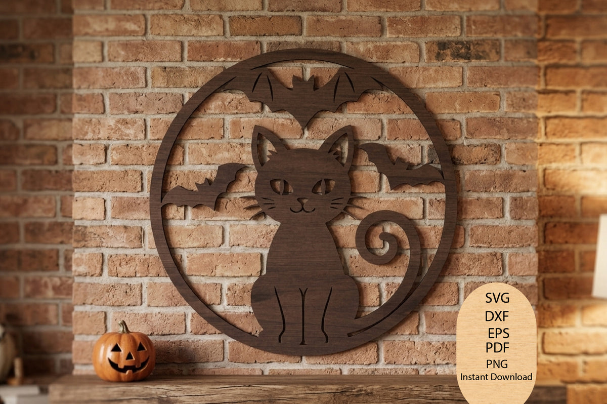 Halloween Cat Laser Cut SVG, Black Cat Bat Halloween Wall Décor Cut File