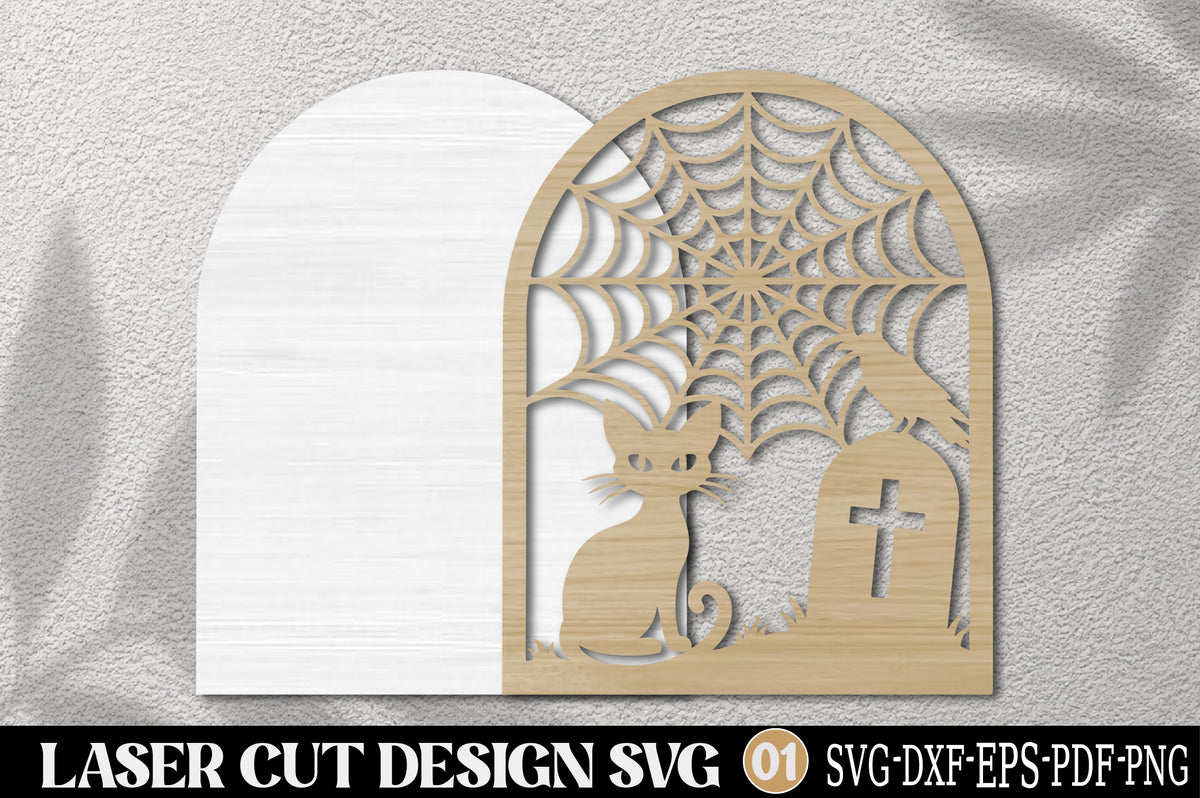Halloween Cat & Spider Web Laser Cut SVG | Gothic Graveyard Design