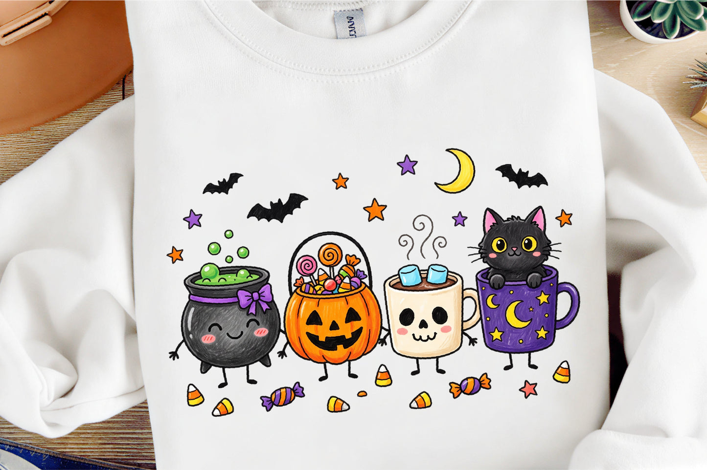Cute Halloween Characters PNG Cauldron Pumpkin Skull Cat Spooky Clipart