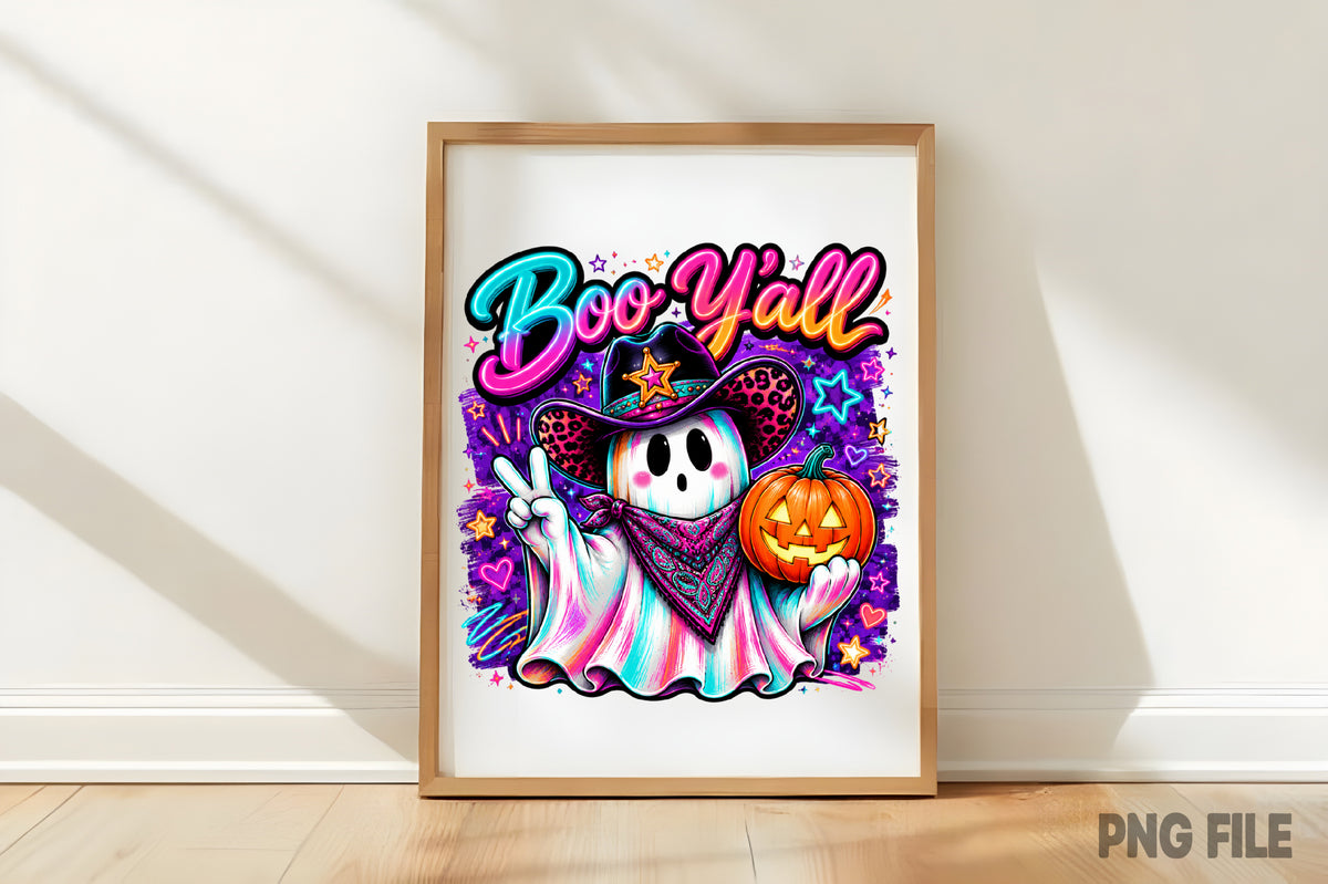 Boo Y’all Halloween Ghost Cowgirl PNG | Spooky Western Cowboy Ghost Pumpkin | Cute Cowgirl Fall Sublimation Design