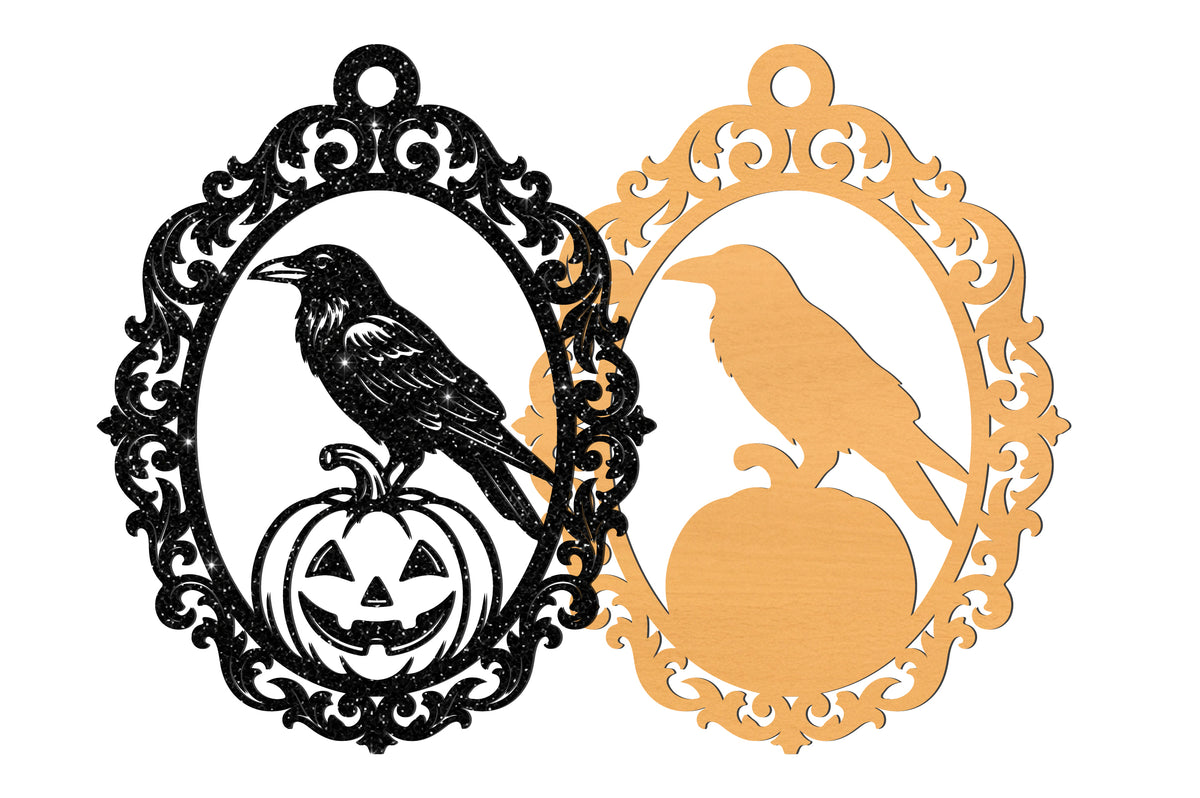 Halloween Raven & Pumpkin Frame Laser Cut SVG, Spooky Crow Halloween Ornament