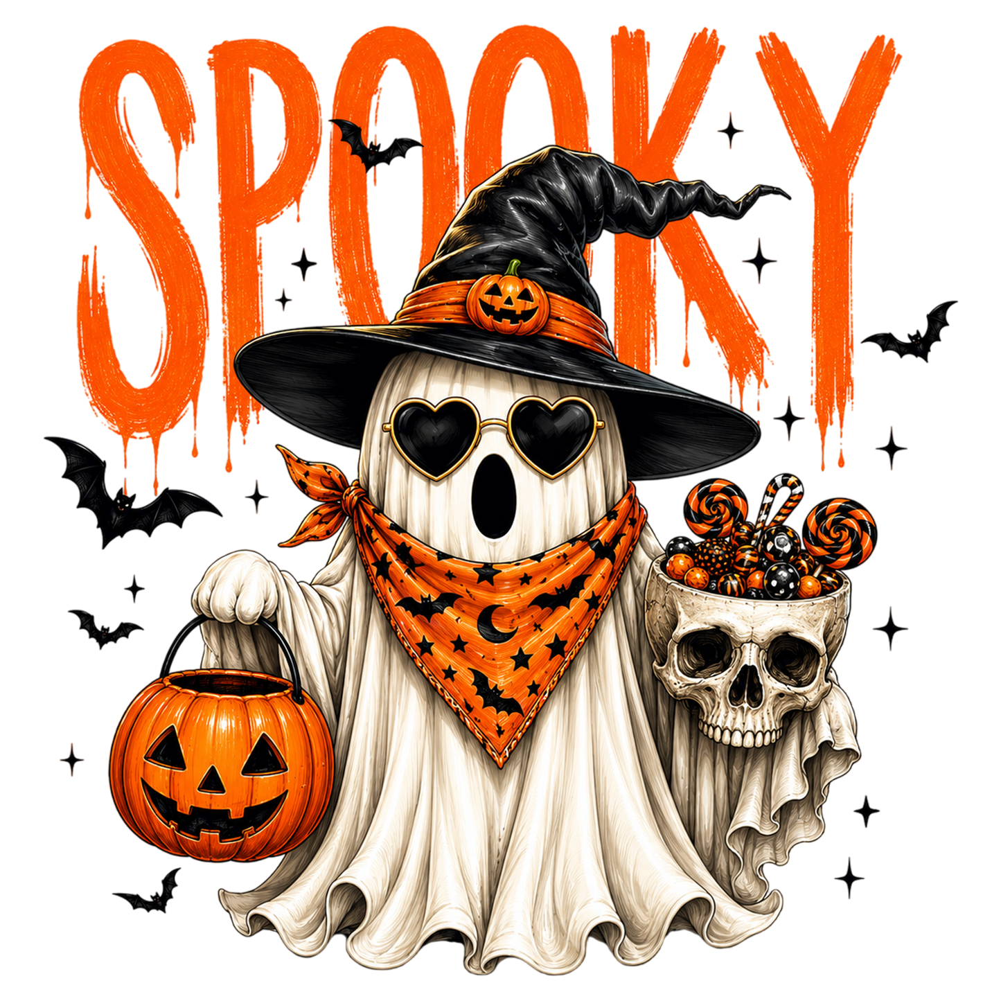 Spooky Halloween Ghost PNG | Witch Hat Ghost Pumpkin Candy Skull Cute Halloween Clipart | Sublimation Design