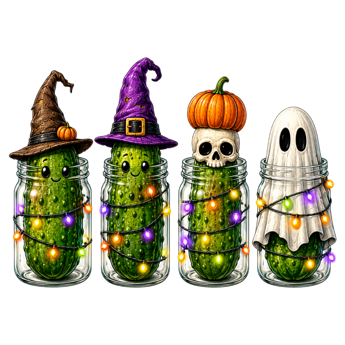 Halloween Spooky Pickles PNG | Cute Pickle Ghost Witch Hat Skeleton Pumpkin Mason Jar Halloween Sublimation Design
