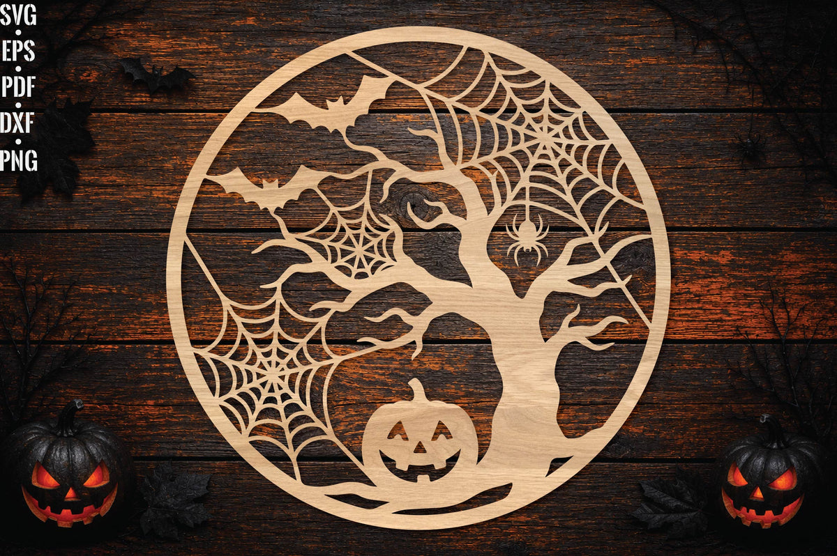 Halloween Tree Round Laser Cut SVG, Spooky Tree Pumpkin Cut File, Halloween Wall Decor