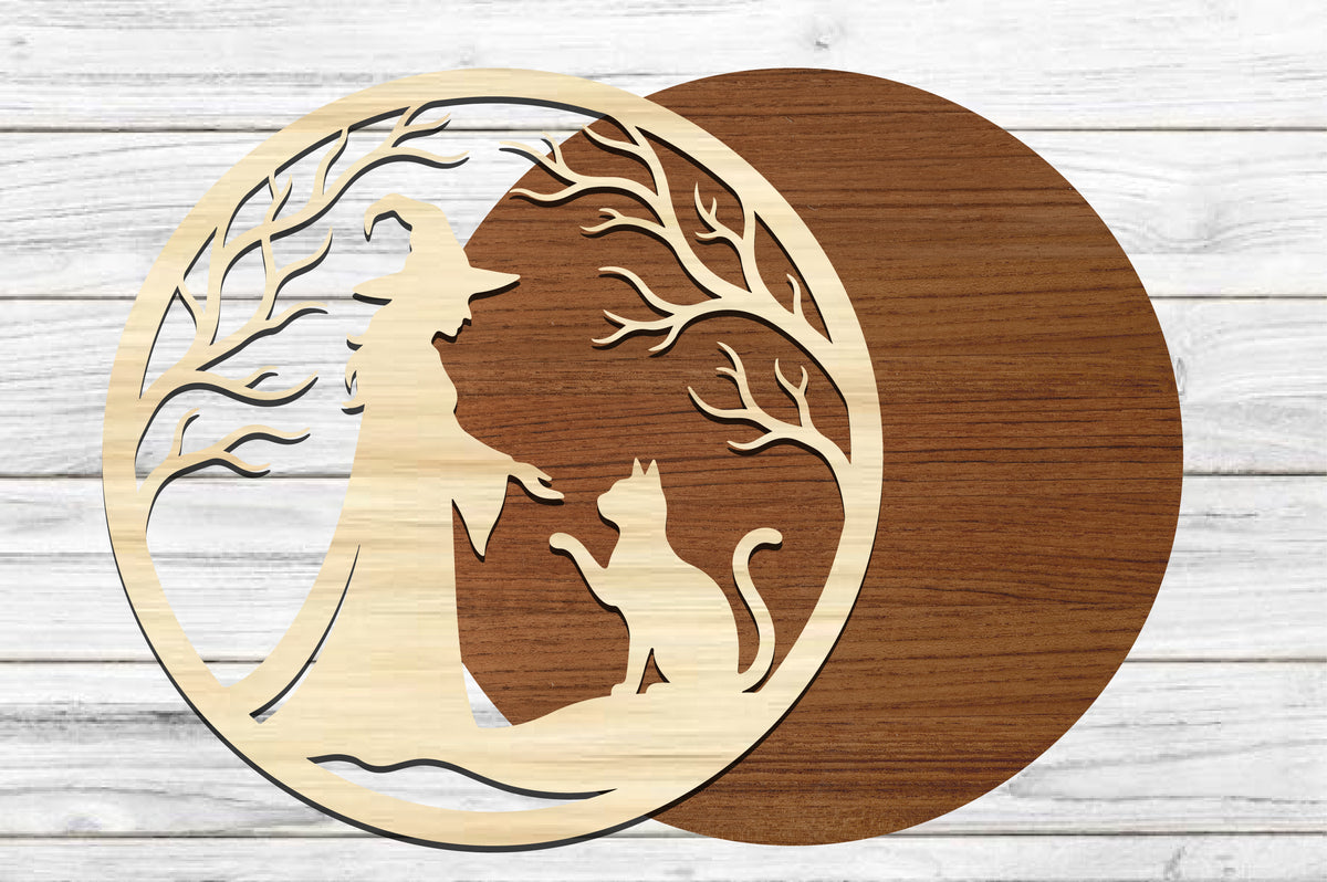 Halloween Witch Cat SVG | Witch & Cat Round Laser Cut Design
