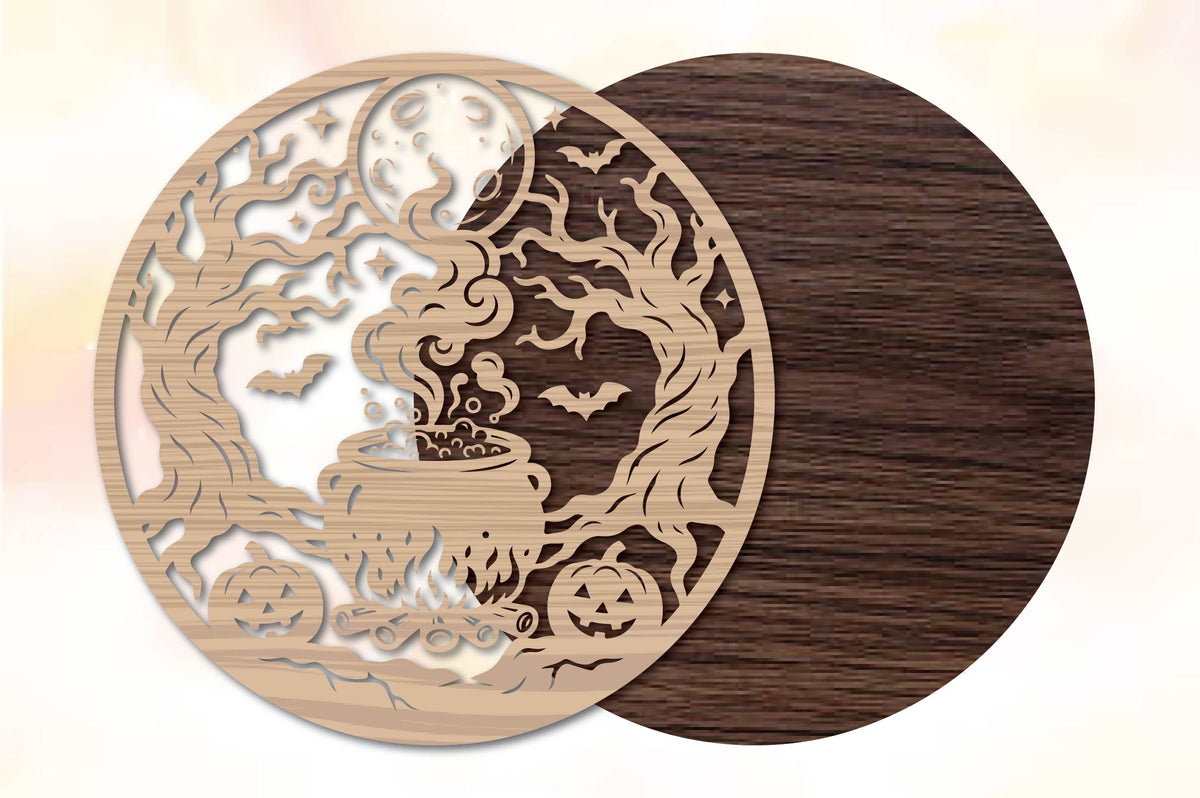 Halloween Witch Cauldron Moon Laser Cut SVG